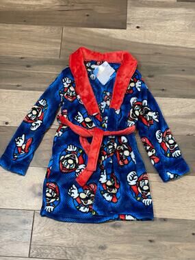 Nintendo Super Mario Blue Fleece Hooded Bathrobe Boys Size 8